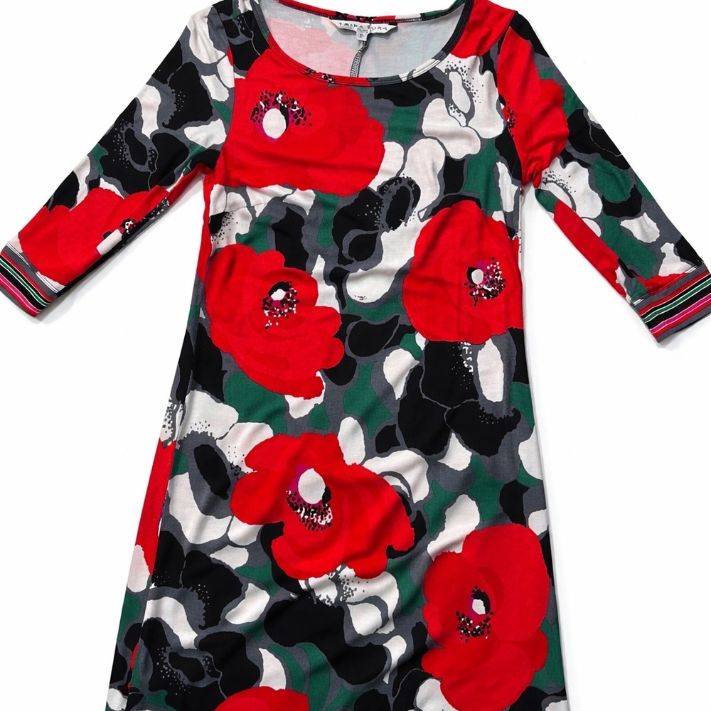 Trina Turk Red and Black Floral Long Sleeve Dress